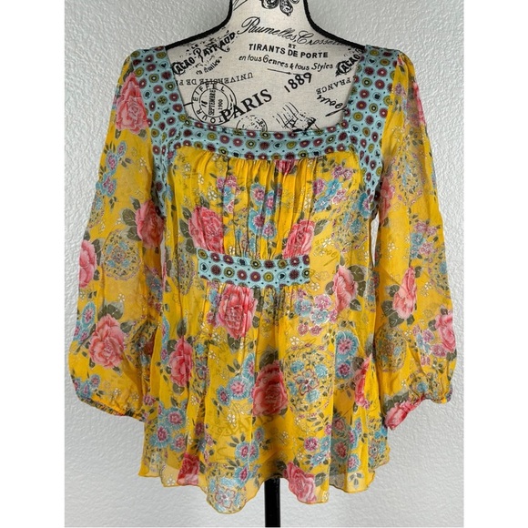 Anthropologie Anna Sui Yellow Floral Print Boho Silk Blouse, size Medium - Picture 2 of 8